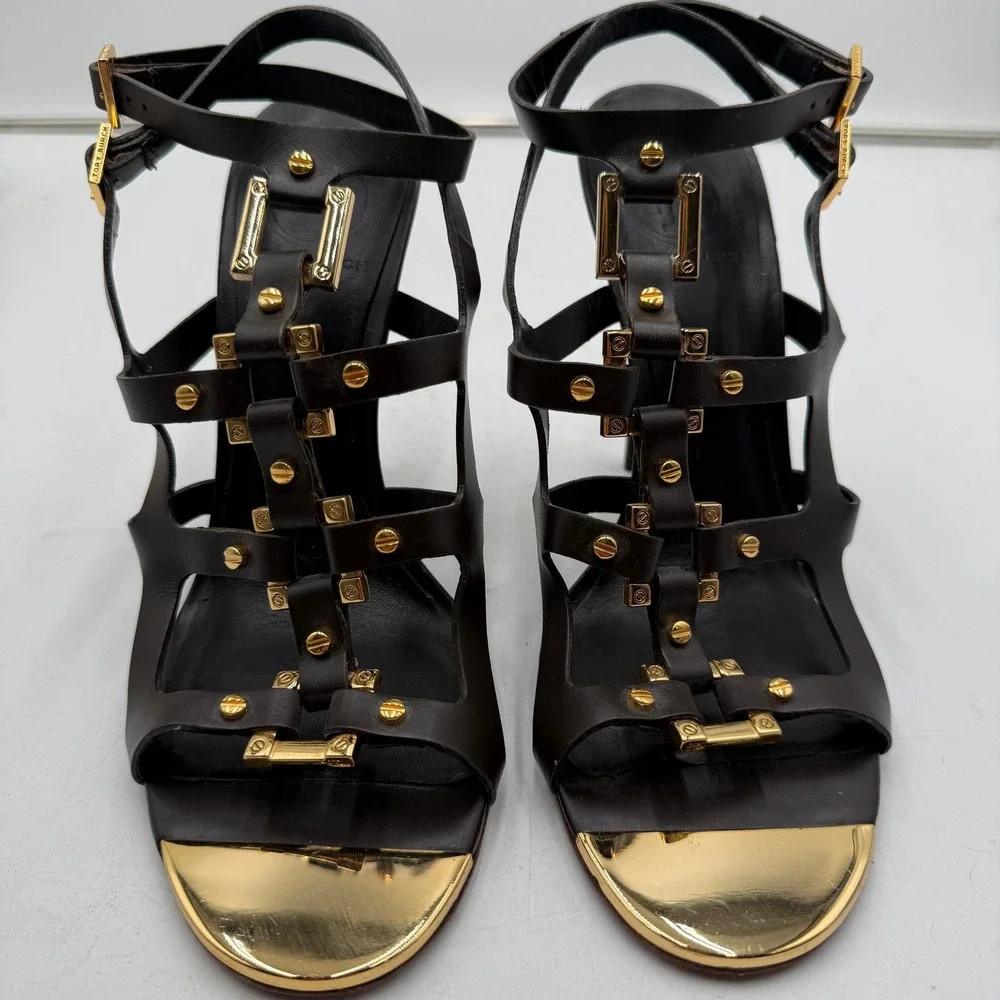Tory Burch Francesca Gladiator Heels Double Buckle Leather Brown Gold Women 9M
